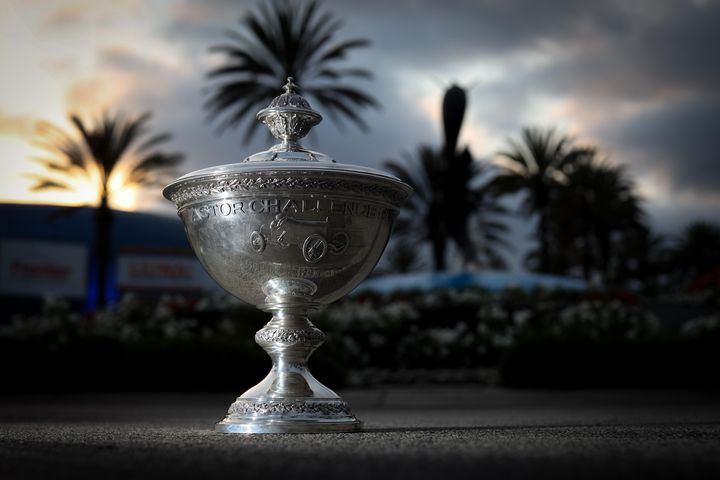 The Astor Cup is pictured at sunset in Long Beach, California.